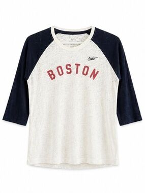 Nike Boston White & Blue Raglan Burnout 3/4 Baseball Tee – Size Medium EUC